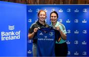1 March 2023; Niamh O’Dowd is presented with her jersey by head coach Tania Rosser during the Leinster Rugby Women's Cap and Jersey presentation at the Bank of Ireland Montrose Branch in Dublin. Photo by Harry Murphy/Sportsfile