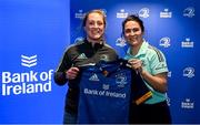 1 March 2023; Elise O'Byrne-White is presented with her jersey by head coach Tania Rosser during the Leinster Rugby Women's Cap and Jersey presentation at the Bank of Ireland Montrose Branch in Dublin. Photo by Harry Murphy/Sportsfile