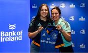 1 March 2023; Lisa Callan is presented with her jersey by head coach Tania Rosser during the Leinster Rugby Women's Cap and Jersey presentation at the Bank of Ireland Montrose Branch in Dublin. Photo by Harry Murphy/Sportsfile