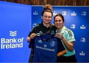 1 March 2023; Vic O'Mahony is presented with her jersey by head coach Tania Rosser during the Leinster Rugby Women's Cap and Jersey presentation at the Bank of Ireland Montrose Branch in Dublin. Photo by Harry Murphy/Sportsfile