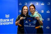 1 March 2023; Lisa Mullen is presented with her jersey by head coach Tania Rosser during the Leinster Rugby Women's Cap and Jersey presentation at the Bank of Ireland Montrose Branch in Dublin. Photo by Harry Murphy/Sportsfile