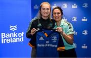 1 March 2023; Alison Coleman is presented with her jersey by head coach Tania Rosser during the Leinster Rugby Women's Cap and Jersey presentation at the Bank of Ireland Montrose Branch in Dublin. Photo by Harry Murphy/Sportsfile