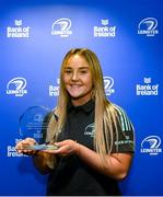 1 March 2023; Aoife Dalton with her Leinster Rugby Women's Players Player Of The Year award during the Leinster Rugby Women's Cap and Jersey presentation at the Bank of Ireland Montrose Branch in Dublin. Photo by Harry Murphy/Sportsfile