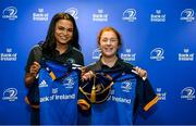 1 March 2023; Eimear Corri and Niamh O’Dowd during the Leinster Rugby Women's Cap and Jersey presentation at the Bank of Ireland Montrose Branch in Dublin. Photo by Harry Murphy/Sportsfile