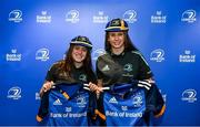 1 March 2023; Katie Whelan and Clare Gorman with their first caps and jerseys during the Leinster Rugby Women's Cap and Jersey presentation at the Bank of Ireland Montrose Branch in Dublin. Photo by Harry Murphy/Sportsfile