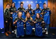 1 March 2023; Head coach Tania Rosser with Leinster Rugby and Old Belvedere RFC players, back row, from left, Clare Gorman, Vic O'Mahony, Niamh O’Dowd, Elise O'Byrne-White and Jess Keating, front row, from left, Dannah O'Brien, Aoife Dalton and Katie Whelan during the Leinster Rugby Women's Cap and Jersey presentation at the Bank of Ireland Montrose Branch in Dublin. Photo by Harry Murphy/Sportsfile