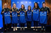 1 March 2023; Leinster Rugby and Blackrock College RFC players, from left, Anna Doyle, Alison Coleman, Christy Haney, Lisa Mullen, Eimear Corri and Hannah O'Connor during the Leinster Rugby Women's Cap and Jersey presentation at the Bank of Ireland Montrose Branch in Dublin. Photo by Harry Murphy/Sportsfile