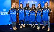 1 March 2023; Leinster Rugby and Railway Union players, from left, Ailsa Hughes, Niamh Byrne, Megan Collis, Molly Boyne, Lisa Callan and Emma Murphy during the Leinster Rugby Women's Cap and Jersey presentation at the Bank of Ireland Montrose Branch in Dublin. Photo by Harry Murphy/Sportsfile