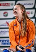2 March 2023; Femke Bol of Netherlands speaking during a press conference ahead of the European Indoor Athletics Championships at Ataköy Athletics Arena in Istanbul, Türkiye. Photo by Sam Barnes/Sportsfile