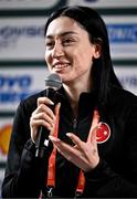 2 March 2023; Tugba Danismaz of Türkiye speaking during a press conference ahead of the European Indoor Athletics Championships at Ataköy Athletics Arena in Istanbul, Türkiye. Photo by Sam Barnes/Sportsfile
