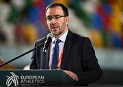 2 March 2023; President of the Turkish Athletics Federation Fatih Çintimar speaking during a press conference ahead of the European Indoor Athletics Championships at Ataköy Athletics Arena in Istanbul, Türkiye. Photo by Sam Barnes/Sportsfile