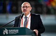 2 March 2023; Burhanettin Hacicaferoglu speaking during a press conference ahead of the European Indoor Athletics Championships at Ataköy Athletics Arena in Istanbul, Türkiye. Photo by Sam Barnes/Sportsfile