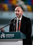 2 March 2023; President of the Istanbul 2023 Local Organising Committee Yasin Tas speaking during a press conference ahead of the European Indoor Athletics Championships at Ataköy Athletics Arena in Istanbul, Türkiye. Photo by Sam Barnes/Sportsfile