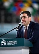 2 March 2023; General Director of International Relations of Sport Ministry Ahmet Temürci speaking during a press conference ahead of the European Indoor Athletics Championships at Ataköy Athletics Arena in Istanbul, Türkiye. Photo by Sam Barnes/Sportsfile