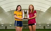 2 March 2023; In attendance at the Yoplait LGFA Higher Education Football Championships Captains Day are Yoplait Lagan Cup captains Katie Carragher of DCU Dóchas Éireann, left, and Cathy Hogan of University of Galway, at the Connacht GAA Centre of Excellence in Bekan, Mayo. Photo by Seb Daly/Sportsfile