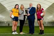 2 March 2023; In attendance at the Yoplait LGFA Higher Education Football Championships Captains Day are Yoplait Ireland brand manager Deirdre Lowry, second left, and HEC Chairperson Daniel Caldwell, with Yoplait Lagan Cup captains Katie Carragher of DCU Dóchas Éireann, left, and Cathy Hogan of University of Galway, at the Connacht GAA Centre of Excellence in Bekan, Mayo. Photo by Seb Daly/Sportsfile