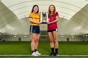 2 March 2023; In attendance at the Yoplait LGFA Higher Education Football Championships Captains Day are Yoplait Lagan Cup captains Katie Carragher of DCU Dóchas Éireann, left, and Cathy Hogan of University of Galway, at the Connacht GAA Centre of Excellence in Bekan, Mayo. Photo by Seb Daly/Sportsfile
