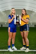 2 March 2023; In attendance at the Yoplait LGFA Higher Education Football Championships Captains Day are Yoplait Lynch Cup captains Lauren Martin of ATU Donegal, left and Geri Rose O’Connor of DCU Dóchas Éireann, at the Connacht GAA Centre of Excellence in Bekan, Mayo. Photo by Seb Daly/Sportsfile
