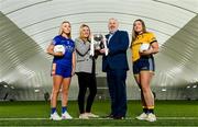 2 March 2023; In attendance at the Yoplait LGFA Higher Education Football Championships Captains Day are Yoplait Ireland brand manager Deirdre Lowry, second left, and HEC Chairperson Daniel Caldwell, with Yoplait Lynch Cup captains Lauren Martin of ATU Donegal, left and Geri Rose O’Connor of DCU Dóchas Éireann, at the Connacht GAA Centre of Excellence in Bekan, Mayo. Photo by Seb Daly/Sportsfile