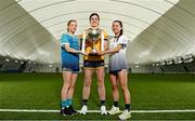 2 March 2023; In attendance at the Yoplait LGFA Higher Education Football Championships Captains Day are Yoplait O’Connor Cup captains, from left, Caoimhe O’Connor of TU Dublin, Anna Rose Kennedy of DCU Dóchas Éireann and Aoife Molloy of University of Limerick, at the Connacht GAA Centre of Excellence in Bekan, Mayo. Photo by Seb Daly/Sportsfile