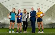 2 March 2023; In attendance at the Yoplait LGFA Higher Education Football Championships Captains Day are Yoplait Ireland brand manager Deirdre Lowry, centre, and HEC Chairperson Daniel Caldwell, with Yoplait Giles Cup captains, from left, Mary Kate Lynch of Maynooth University, Becky Bryant of MTU Kerry and Ciara Byrne of DCU Dóchas Éireann, at the Connacht GAA Centre of Excellence in Bekan, Mayo. Photo by Seb Daly/Sportsfile