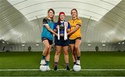 2 March 2023; In attendance at the Yoplait LGFA Higher Education Football Championships Captains Day are Yoplait Giles Cup captains, from left, Mary Kate Lynch of Maynooth University, Becky Bryant of MTU Kerry and Ciara Byrne of DCU Dóchas Éireann, at the Connacht GAA Centre of Excellence in Bekan, Mayo. Photo by Seb Daly/Sportsfile