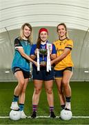 2 March 2023; In attendance at the Yoplait LGFA Higher Education Football Championships Captains Day are Yoplait Giles Cup captains, from left, Mary Kate Lynch of Maynooth University, Becky Bryant of MTU Kerry and Ciara Byrne of DCU Dóchas Éireann, at the Connacht GAA Centre of Excellence in Bekan, Mayo. Photo by Seb Daly/Sportsfile