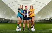 2 March 2023; In attendance at the Yoplait LGFA Higher Education Football Championships Captains Day are Yoplait Giles Cup captains, from left, Mary Kate Lynch of Maynooth University, Becky Bryant of MTU Kerry and Ciara Byrne of DCU Dóchas Éireann, at the Connacht GAA Centre of Excellence in Bekan, Mayo. Photo by Seb Daly/Sportsfile