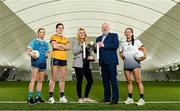 2 March 2023; In attendance at the Yoplait LGFA Higher Education Football Championships Captains Day are Yoplait Ireland brand manager Deirdre Lowry, centre, and HEC Chairperson Daniel Caldwell, with Yoplait O’Connor Cup captains, from left, Caoimhe O’Connor of TU Dublin, Anna Rose Kennedy of DCU Dóchas Éireann and Aoife Molloy of University of Limerick, at the Connacht GAA Centre of Excellence in Bekan, Mayo. Photo by Seb Daly/Sportsfile