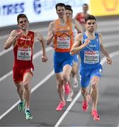 2 March 2023; Adrián Ben of Spain, left, and Catalin Tecuceanu of Italy compete in the men's 800m heats during Day 0 of the European Indoor Athletics Championships at Ataköy Athletics Arena in Istanbul, Türkiye. Photo by Sam Barnes/Sportsfile