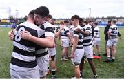 2 March 2023; Harry Goslin, left, and Conor Quinn of Belvedere College celebrate after the Bank of Ireland Leinster Schools Junior Cup Quarter Final match between Cistercian College Roscrea and Belvedere College at Energia Park in Dublin. Photo by Ben McShane/Sportsfile