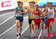 2 March 2023; Andrew Coscoran of Ireland, left, competing in the men's 1500m heats during Day 0 of the European Indoor Athletics Championships at Ataköy Athletics Arena in Istanbul, Türkiye. Photo by Sam Barnes/Sportsfile