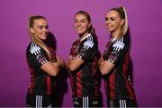 2 March 2023; Bohemians players, from left, Ciara Maher, Sarah Rowe and Katie Burdis during a squad portrait session at DCU Sports Complex in Dublin. Photo by David Fitzgerald/Sportsfile