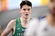 2 March 2023; Luke McCann of Ireland reacts after a coming together with Louis Gilavert of France whilst competing in the men's 1500m during Day 0 of the European Indoor Athletics Championships at Ataköy Athletics Arena in Istanbul, Türkiye. Photo by Sam Barnes/Sportsfile