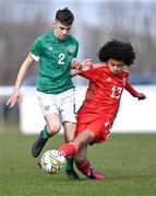 1 March 2023; Jayden Lienou of Wales in action against Max Kovalevskis of Republic of Ireland during the U15 international friendly match between Republic of Ireland and Wales at the Carlisle Grounds in Bray. Photo by Piaras Ó Mídheach/Sportsfile