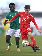 1 March 2023; Bobo Evans of Wales in action against Muhammad Oladiti of Republic of Ireland during the U15 international friendly match between Republic of Ireland and Wales at the Carlisle Grounds in Bray. Photo by Piaras Ó Mídheach/Sportsfile