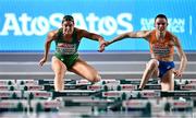 3 March 2023; Kate O'Connor of Ireland, left, and Sofie Dokter of Netherlands, compete in the 60m hurdles event in the women's Pentathlon during Day 1 of the European Indoor Athletics Championships at Ataköy Athletics Arena in Istanbul, Türkiye. Photo by Sam Barnes/Sportsfile