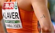3 March 2023; A detailed view of the tattoo on the arm of Lieke Klaver of Netherlands during Day 1 of the European Indoor Athletics Championships at Ataköy Athletics Arena in Istanbul, Türkiye. Photo by Sam Barnes/Sportsfile