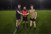 2 March 2023; Referee Stephen Fagan with SETU Carlow captain Daniel Cooney and TUS Midlands captain Darragh Finlass before the Electric Ireland Higher Education GAA Freshers Football 2 Final match between South East Technological University Carlow and Technological University of the Shannon: Midlands Midwest at South East Technological University Sports Complex in Carlow. Photo by Stephen McCarthy/Sportsfile