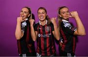 2 March 2023; Bohemians players, from left, Katie Burdis, Sarah Rowe and Ciara Maher during a squad portrait session at DCU Sports Complex in Dublin. Photo by David Fitzgerald/Sportsfile