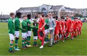 1 March 2023; Players shake hands before the U15 international friendly match between Republic of Ireland and Wales at the Carlisle Grounds in Bray. Photo by Piaras Ó Mídheach/Sportsfile