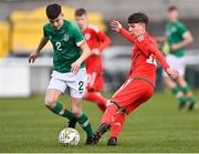 1 March 2023; Bobo Evans of Wales in action against Max Kovalevskis of Republic of Ireland during the U15 international friendly match between Republic of Ireland and Wales at the Carlisle Grounds in Bray. Photo by Piaras Ó Mídheach/Sportsfile