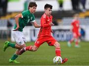 1 March 2023; Harrison Pugh of Wales in action against Grady McDonnell of Republic of Ireland during the U15 international friendly match between Republic of Ireland and Wales at the Carlisle Grounds in Bray. Photo by Piaras Ó Mídheach/Sportsfile