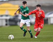1 March 2023; Max Kovalevskis of Republic of Ireland in action against Callum Jones of Wales during the U15 international friendly match between Republic of Ireland and Wales at the Carlisle Grounds in Bray. Photo by Piaras Ó Mídheach/Sportsfile