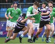 3 March 2023; Conor Farrelly of Gonzaga College is tackled by Leo Zelman of Terenure College during the Bank of Ireland Leinster Schools Junior Cup Quarter-Final match between Terenure College and Gonzaga College at Energia Park in Dublin. Photo by Harry Murphy/Sportsfile