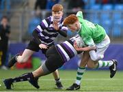 3 March 2023; James Verdon of Gonzaga College is tackled by Ethan Balamash of Terenure College during the Bank of Ireland Leinster Schools Junior Cup Quarter-Final match between Terenure College and Gonzaga College at Energia Park in Dublin. Photo by Harry Murphy/Sportsfile