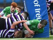 3 March 2023; Walter McMahon of Gonzaga College is held up on the line by Alvaro Swords of Terenure College during the Bank of Ireland Leinster Schools Junior Cup Quarter-Final match between Terenure College and Gonzaga College at Energia Park in Dublin. Photo by Harry Murphy/Sportsfile