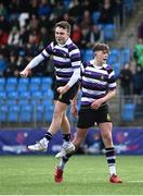 3 March 2023; Cathal Martin of Terenure College, left, celebrates his side's second try during the Bank of Ireland Leinster Schools Junior Cup Quarter-Final match between Terenure College and Gonzaga College at Energia Park in Dublin. Photo by Harry Murphy/Sportsfile