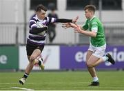 3 March 2023; Jack Cooney of Terenure College is tackled by Conor Farrelly of Gonzaga College during the Bank of Ireland Leinster Schools Junior Cup Quarter-Final match between Terenure College and Gonzaga College at Energia Park in Dublin. Photo by Harry Murphy/Sportsfile