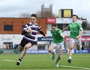3 March 2023; Jack Cooney of Terenure College on his way to scoring his side's third try during the Bank of Ireland Leinster Schools Junior Cup Quarter-Final match between Terenure College and Gonzaga College at Energia Park in Dublin. Photo by Harry Murphy/Sportsfile